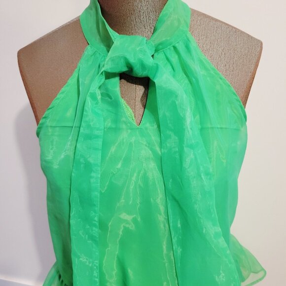 TCEC Hot Green Sleeveless Dress Bow Ribbon Neck Tie Ruffle Size Large - Picture 3 of 7